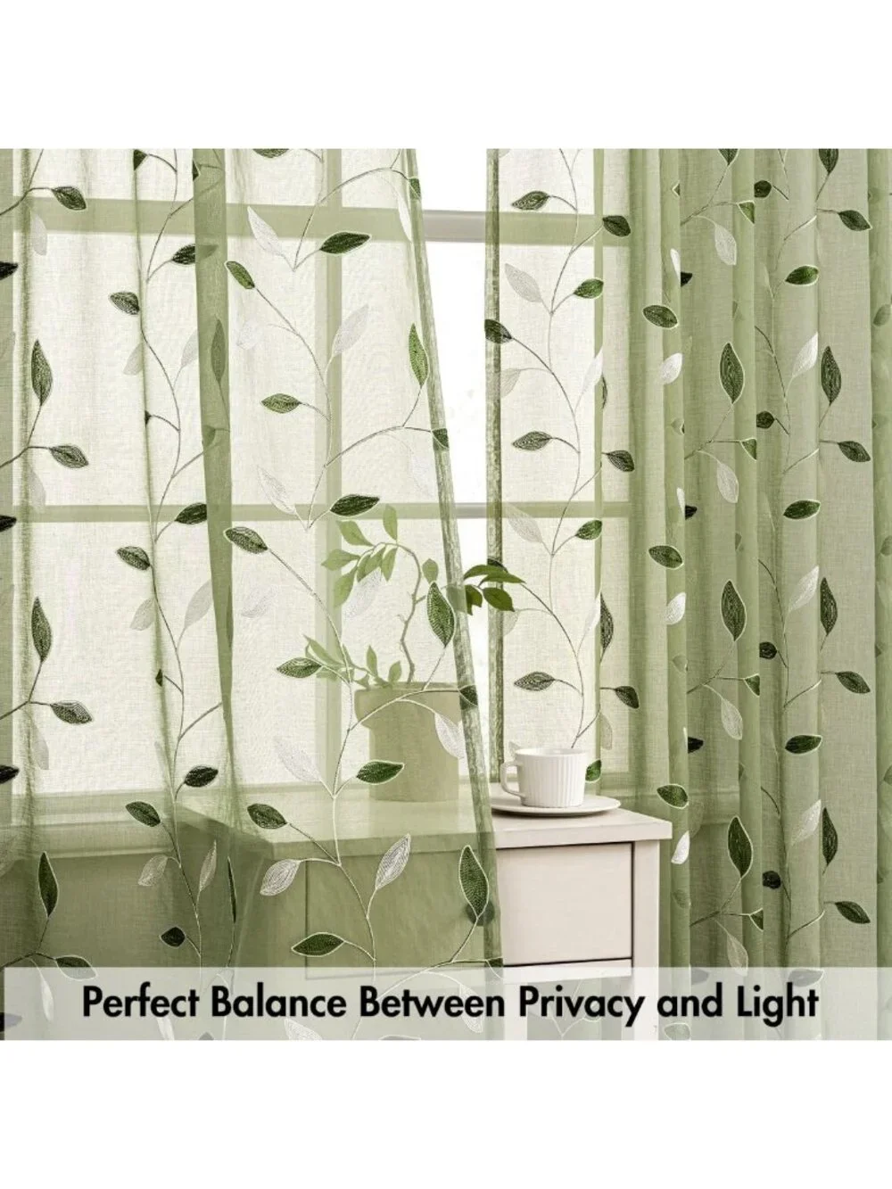 Sage Green Sheer Curtains - 2 Panels with Leaf Pattern, W52 x L45, Light